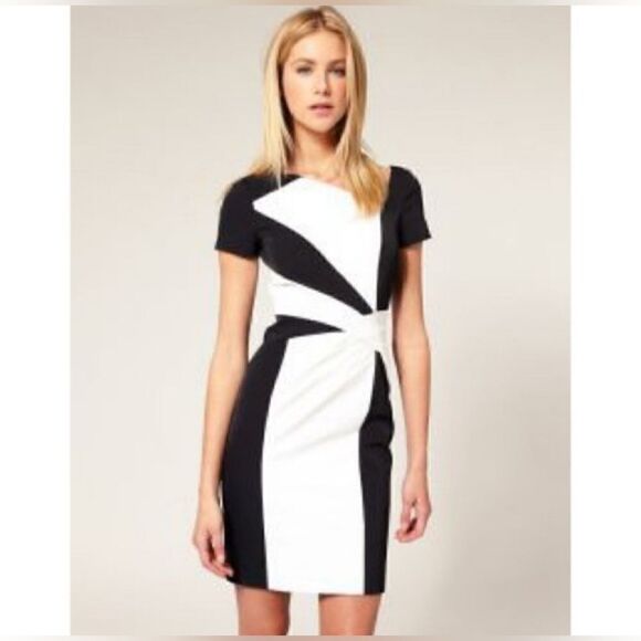 KAREN MILLEN Black and White Color Block Pencil Dress  size 8 - Picture 1 of 8